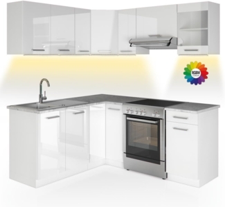 Eckküche Rick Weiß Hochglanz/Weiß 187 x 60 cm , AP Marmor mit LED-Leisten Vicco