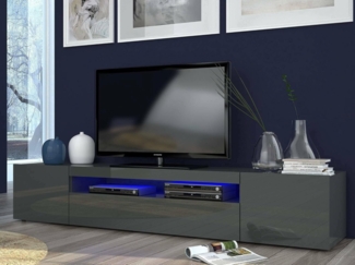 Dmora - TV-Schrank Jesse, niedriges Wohnzimmer-Sideboard mit 3 Türen, Fernsehständer-Basis, 100 % Made in Italy, 200 x 40 x 37 cm, glänzendes Anthrazit, mit LED-Licht