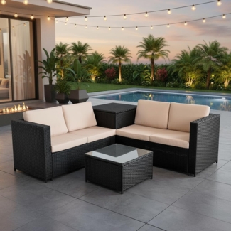 XXL PolyRattan Sitzgruppe Garten Sofa Sitzgarnitur Gartenset Schwarz Auflagenbox