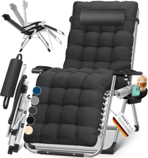 KESSER® Sonnenliege, klappbar, mit Getränkehalter, mit Auflage Polster & Kissen, verstellbare Rückenlehne, Schwarz, 77cm x 72cm x 180cm