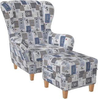 Supellex Sofia Ohrensessel mit Hocker Design Patchwork maritime Motive