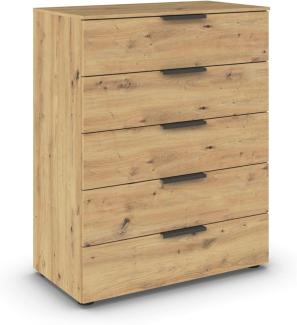 Rauch Möbel Flipp, Hochkommode mit viel Stauraum für Flur, Wohnzimmer, Schlafzimmer, Eiche Artisan, 5 Schubkästen, Griffe graphit, 80 x 100 x 42 cm