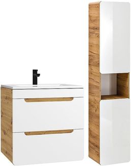 Vente-unique - Waschbeckenunterschrank hängend mit Einbauwaschbecken & Badhochschrank - Holzfarben & Weiß - 60 cm - ARUBA