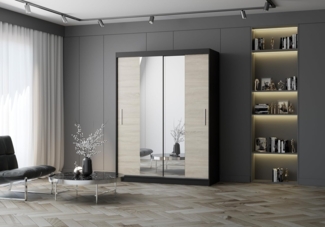 Schiebetürenschrank, eleganter Kleiderschrank Schrank Garderobe Spiegel Vista 01, Schlafzimmer- Wohnzimmerschrank Schiebetüren Modern Design (Schwarz/Sonoma)