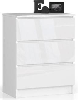 Kommode K60 mit 3 Schubladen | für das Wohnzimmer Schlafzimmer Schrank Büro Arbeitszimmer | Modernes Funktionales Design | B60 x H77 x T40 cm, Gewicht 25 kgWeiß/Weiß Glänzend