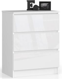 Kommode K60 mit 3 Schubladen | für das Wohnzimmer Schlafzimmer Schrank Büro Arbeitszimmer | Modernes Funktionales Design | B60 x H77 x T40 cm, Gewicht 25 kgWeiß/Weiß Glänzend