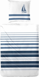 Hahn Renforcé Baumwoll Bettwäsche Streifen Möwen Weiss Blau 155x220 cm + 80x80 cm