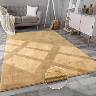 Paco Home Hochflor Teppich Wohnzimmer Flauschig Fellteppich Kunstfell Plüsch Shaggy Weich Fellimitat, Grösse:200x290 cm, Farbe:Gelb