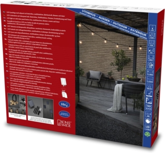 KONSTSMIDE LED-Lichterkette LED Solar Biergartenkette, 10 bernsteinfarbene Dioden, Timer, 10-flammig, Fernbedienbar Dimmbar, 8 Lichtfunktionen, Solarbox über USB aufladbar