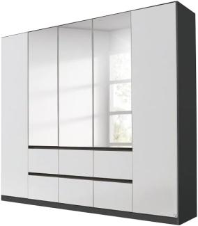 Rauch Möbel Mainz Schrank Kleiderschrank Drehtürenschrank Weiß / Graumetallic 5-türig mit Spiegel, 6 Schubladen inkl. Zubehörpaket Basic 3 Einlegeböden, 3 Kleiderstangen, grifflos BxHxT 226x210x54 cm