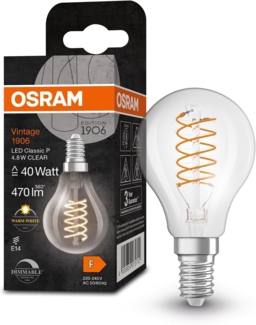 Osram Dimmbare LED-Lampen, Vintage-Edition, 40 Watts Ersatz, E14, P-shape, 2700 Kelvin, Warm weiß, Klares Glas, single Pack