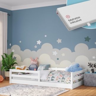 Bellabino Iskri Bodenbett 120x200 cm – Montessori Kinderbett mit Matratze, Rausfallschutz & Lattenrost – Holzbett für Jungen & Mädchen aus Kiefer Massivholz in Weiß – Kleinkindbett