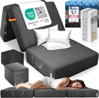KESSER® Klappmatratze Gästematratze 3-fach Faltmatratze faltbar zum Sitzhocker | Schaumstoff 25kg/m³ extra dick 15cm atmungsaktiv waschbar abnehmbarer Bezug | Matratze inkl. Camping Tragetasche Anthrazit, 90 x 195 x 15 cm