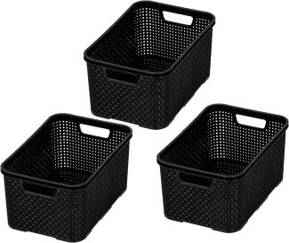 BranQ - Home essential Korb in Rattan Design 3er Set Grösse M 10 l, BPA-frei Kunststoff PP, Schwarz, 28,8x19,7x16,2 cm, 3 Stk.