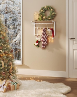 Vasagle Wandgarderobe mit Ablage, 10 abnehmbaren Haken, 2 Garderobenleisten, Holz Eichenfarben-Weiß, 42 x 30 x 65 cm