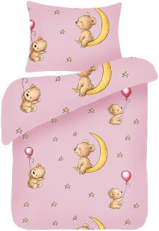 Kinder Bettwäsche 2-tlg (100x135cm / 40x60cm) Bettdecken Set, 100% Baumwolle - Babybettwäsche mit Motiv - Bärchen Rosa