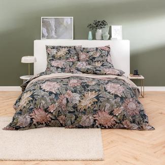 Estella Mako-Satin Bettwäsche 155x220 Willa nachtblau Blumen Blätter 7598-200