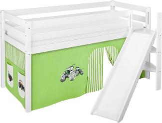 Lilokids 'Jelle' Spielbett 90x200 cm, Trecker Grün Beige, Kiefer massiv, mit schräger Rutsche und Vorhang