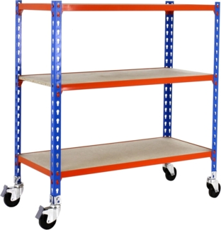 Simon Rack Schwerlastregal mit Rollen, 975 x 800 x 500 mm, Bis 75 kg Belastbar, 3 Verstellbare Ablagen, MDF-Platten, Kellerregal, Lagerregal, Blau/Orange/Holz - Maderclick