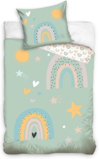MTOnlinehandel Kinderbettwäsche Regenbogen, Sterne & Sonne 135x200 + 80x80 cm, 100 % Baumwolle, Satin, 2 teilig, mit YKK Reißverschluss · sanft, weich für Mädchen & Jungen