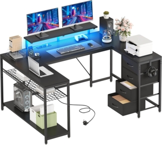 YITAHOME Eckschreibtisch mit 4 Schubladen & Stauraum, Gaming Schreibtisch mit LED & Monitorständer für Home Office, Reversible Eckschreibtisch mit 2 Steckdosen und 2 USB Ladeanschluss, 158cm, Schwarz