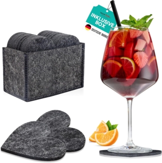 wortek Getränkeuntersetzer Filz-Untersetzer Herz für Gläser 10er Set + Box, Zubehör für Tisch & Gläser, Set, 10-tlg, waschbare Getränke Glasuntersetzer Gläser, Tischuntersetzer Filz 10 cm