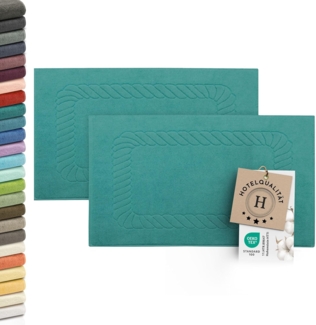 ZOLLNER 2er Set Badematten - weiche und saugstarke Duschvorleger - waschbar bis 95°C - Baumwolle - 50x70 cm in türkis