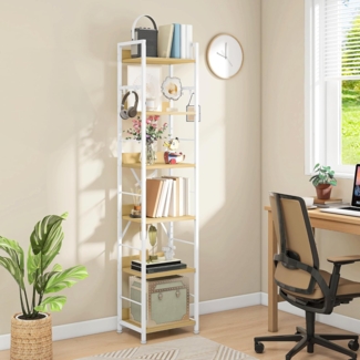 DWVO 6-stöckiges Bücherregal, Hohes Lagerregal mit Stahlrahmen, Industrielles Bücherregal mit 4 Haken, Standregal, Präsentationsständer, Für Wohnzimmer, Schlafzimmer, Weiß und Eiche Regal