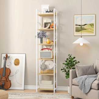 DWVO 6-stöckiges Bücherregal, Hohes Lagerregal mit Stahlrahmen, Industrielles Bücherregal mit 4 Haken, Standregal, Präsentationsständer, Für Wohnzimmer, Schlafzimmer, Weiß und Eiche Regal