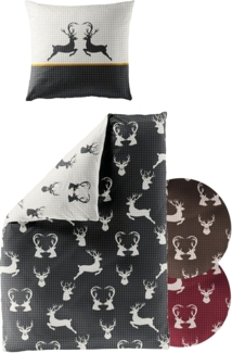 JACK Wendebettwäsche 135x200cm Hirsch Kariert Anthrazit Braun Rot Bierbaum, Biber, 2 teilig, Landhausstil, modern