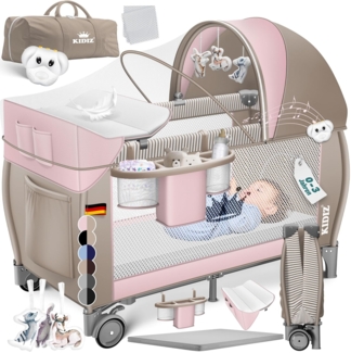KIDIZ® Babybett Reisebett Kinderreisebett Faltbar mit Matratze 120x60, Seiteneingang, Wickelauflage, Mosktionetz, Spielbogen & Tragetasche Baby Beistellbett Kinderbett ab Geburt bis 15 kg Rosa / Beige