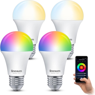 linovum LED-Leuchtmittel 4er Set LED E27 Smart Lampe steuerbar via App Alexa Google RGB, E27, RGB