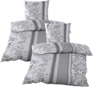 Casa Colori Bettwäsche Biber 135x200 cm mit Reißverschluss aus 100% Baumwolle, Biber, 4 teilig, in Grau Anthrazit gestreift Blumenmuster