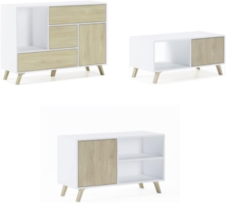 Skraut Home | Wohnzimmermöbel | Modell Wind | Sideboard, TV-Möbel und Couchtisch | nordischer Stil | modernes Design | Melamin | Weiß und Eiche