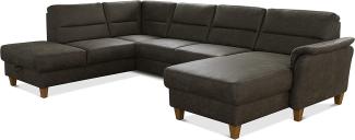 CAVADORE U-Form-Sofa Palera / Wohnlandschaft mit Schlaffunktion, Stauraum und Federkern / 314 x 89 x 212 / Mikrofaser in Lederoptik, Oliv