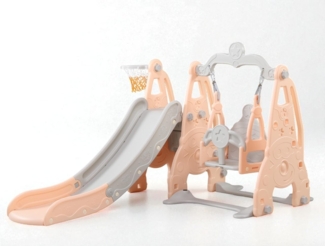 habeig Indoor-Rutsche 4-in-1 Kinder Spielturm Schaukel, Rutsche, Basketball 185x150cm Leiter, Sehr stabil, geschlossene Stufen, hoher Handlauf