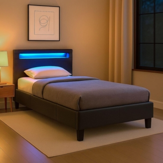 CARO-Möbel Polsterbett Mandalay mit LED Beleuchtung Einzelbett Lederbett 90x200 cm mit Lattenrahmen, Lederimitat in schwarz