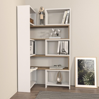 Hanah Home Elegant Bookshelf, White & Walnut, 163.5 x 150 x 22 cm | 100% Melamine Coated Particle Board, 18 mm Thick | Stylish Storage for Modern Homes
