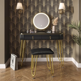 Schminktisch Grace Schwarz 100 cm mit LED Beleuchtung und Hocker Vicco