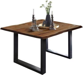 SAM Baumkantentisch 90x90 cm Mephisto, Akazienholz massiv + nussbaumfarben lackiert, Esstisch mit schwarz lackiertem U-Gestell, Esszimmertisch/Holztisch im Industrial-Design, Tischplatte 26 mm