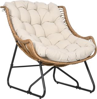 Outsunny Rattansessel, Gartensessel mit dickem Sitzkissen, Rattanstuhl bis 120 kg belastbar für Balkon, Terrasse, Stahl, Khaki, 75 x 101 x 90 cm