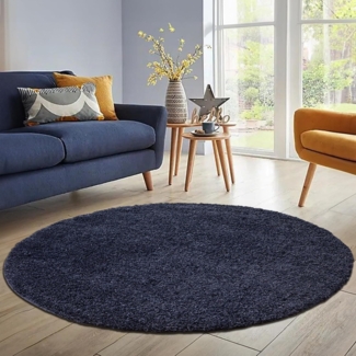 HomebyHome Teppich Rund Hochflor 200 cm Rund - Shaggy Runder Teppich Wohnzimmer Marineblau Extra Weich und Flauschig - Waschbarer Langflor Teppiche für Schlafzimmer, Küche, Flur - Carpet, Halı, Kilim