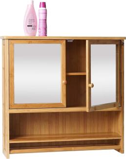 Spiegelschrank HWC-B18, Badspiegelschrank Hängeschrank, 3 Regalböden 2 Türen Spiegel Bambus 62x66x15cm