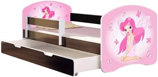 ACMA Kinderbett Jugendbett mit Einer Schublade und Matratze Wenge mit Rausfallschutz Lattenrost II 140x70 160x80 180x80 (07 Rosa Fee, 140x70 + Bettkasten)