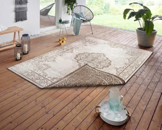 NORTHRUGS In- und Outdoor Teppich Cebu 240x340 - Wendeteppich Wetterfest Orientalisches Vintage Design Teppich für Balkon Terrasse Garten Wintergarten Wohnzimmerteppich Wasserfest in Linen