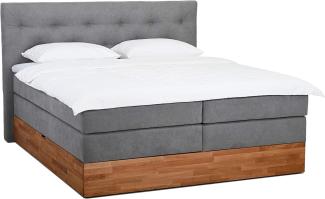 Belanoti MARBO Boxspringbett 160x200 mit Bettkasten 7-Zonen Taschenfederkern Matratze inklusive Visco Topper Bett 160x200 Eiche in der Farbe Hellgrau H2/H3 Polsterbett mit Massivholz Eiche