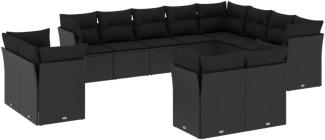 vidaXL 12-tlg. Garten-Sofagarnitur mit Kissen Schwarz Poly Rattan 3218525