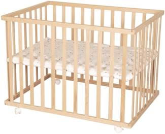 roba Laufgitter 75x100 cm mit Laufgittereinlage 'Sternenzauber grau' - Spielgitter inkl. Schutzeinlage und Rollen - Höhenverstellbar & Mobil - Holz natur