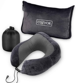Cozyor Nackenstützkissen Memory Nackenkissen mit verstellbarem Verschluss + praktischer Tasche, Bezug: waschbarer Bezug, Set, Reise-Set mit Reisedecke & Nackenkissen wahlweise mit Augenmaske