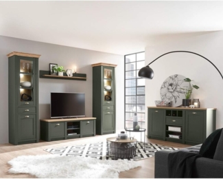 Lomadox Wohnwand CINCINNATI-61, (5-St), in grün mit Wotan Eiche mit Beleuchtung 328/207/45cm